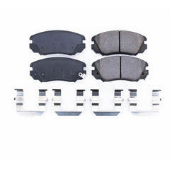 PowerStop Z17 pad face close-up showing chamfered slots for quiet braking