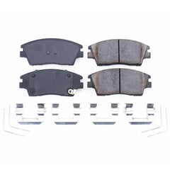 PowerStop Z17 pad front profile displaying chamfered, slotted face for quiet braking