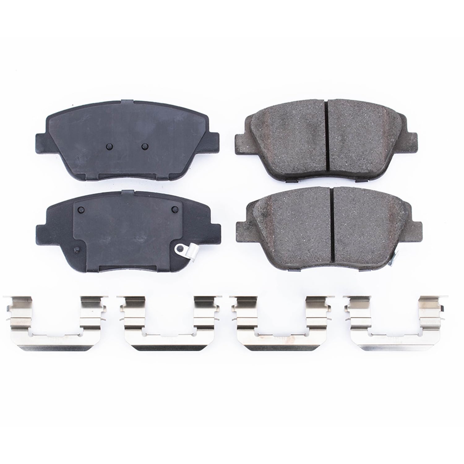 PowerStop Z17 pad surface close-up showing chamfered, slotted face for quiet braking