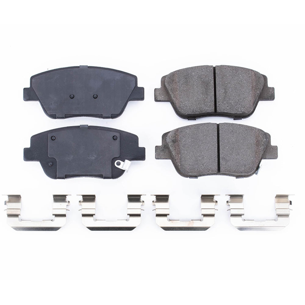 PowerStop Z17 pad surface close-up showing chamfered, slotted face for quiet braking