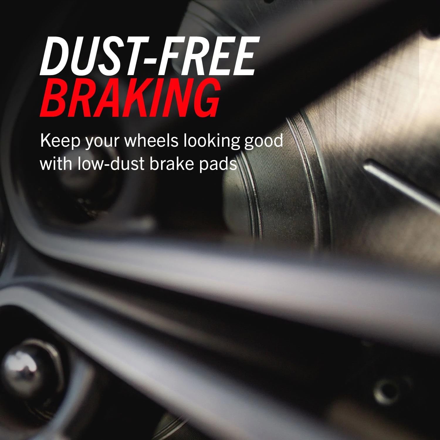 PowerStop pads with wheel showing reduced brake dust and cleaner wheels benefit