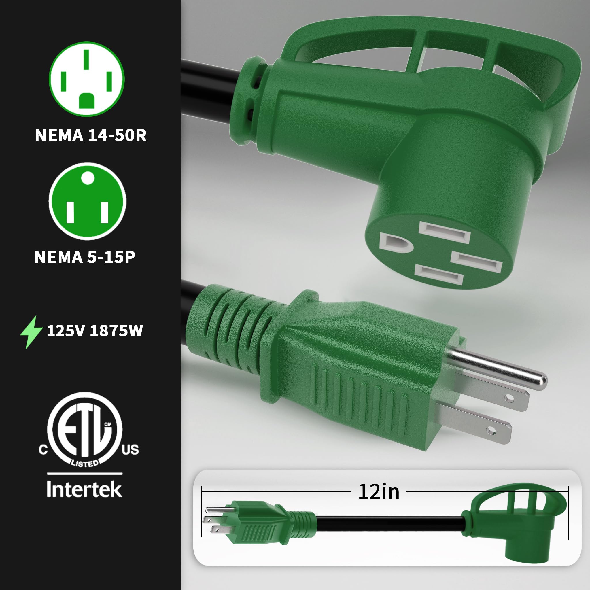 POWGRN close-up of 14-50R female and 5-15P male connectors showing solid contact reliability