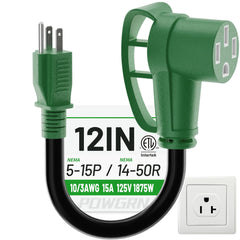 POWGRN front view of green 50A to 110 adapter showing plug faces and compact design benefit