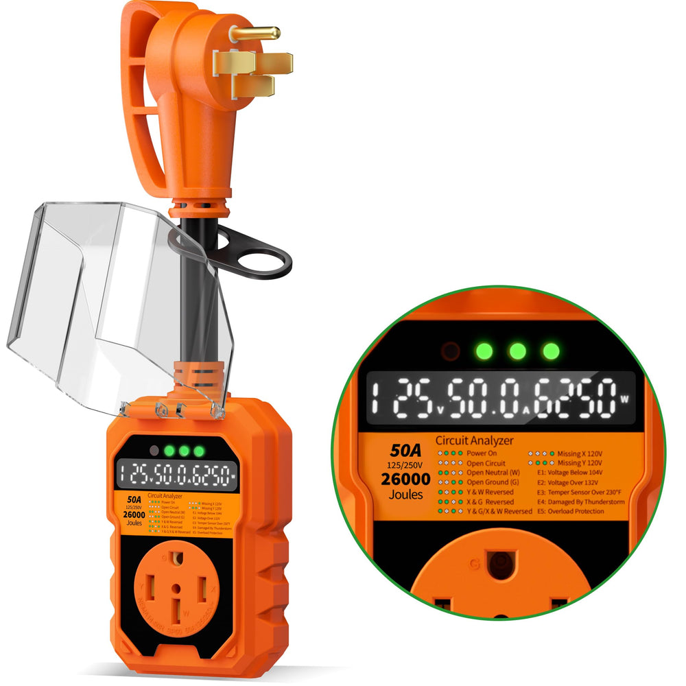 POWGRN front view showing plug and housing, protecting RV power