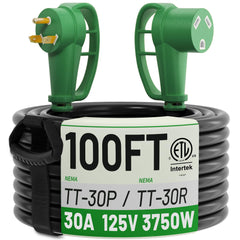 POWGRN 100 ft RV cord front view showing full length and connectors, reliable reach