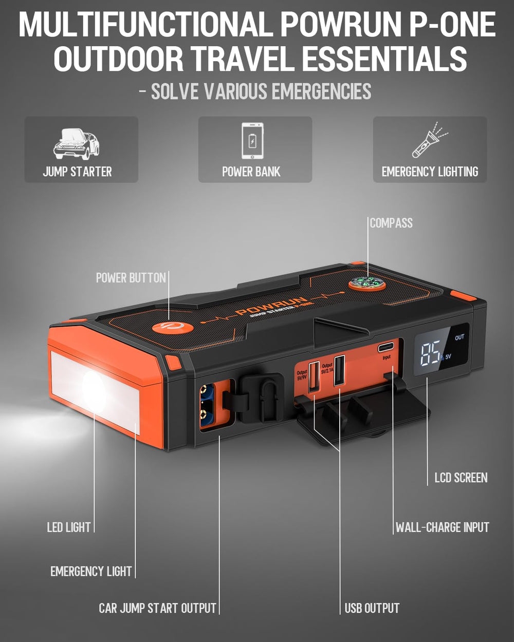 Powrun P-ONE connected to car battery in use providing instant vehicle restart