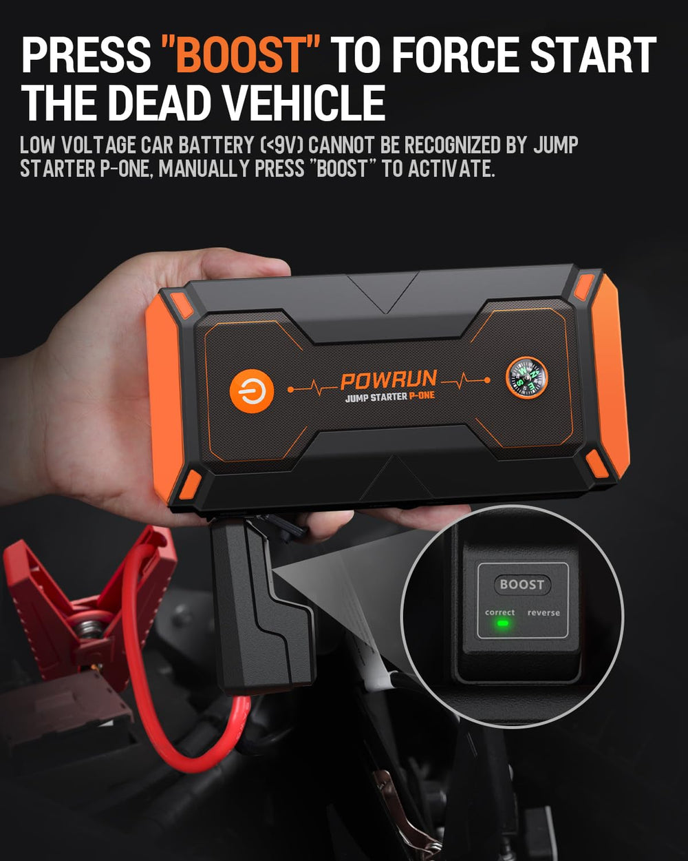 Powrun P-ONE heavy-duty jumper clamps detail showing strong conductivity and safety