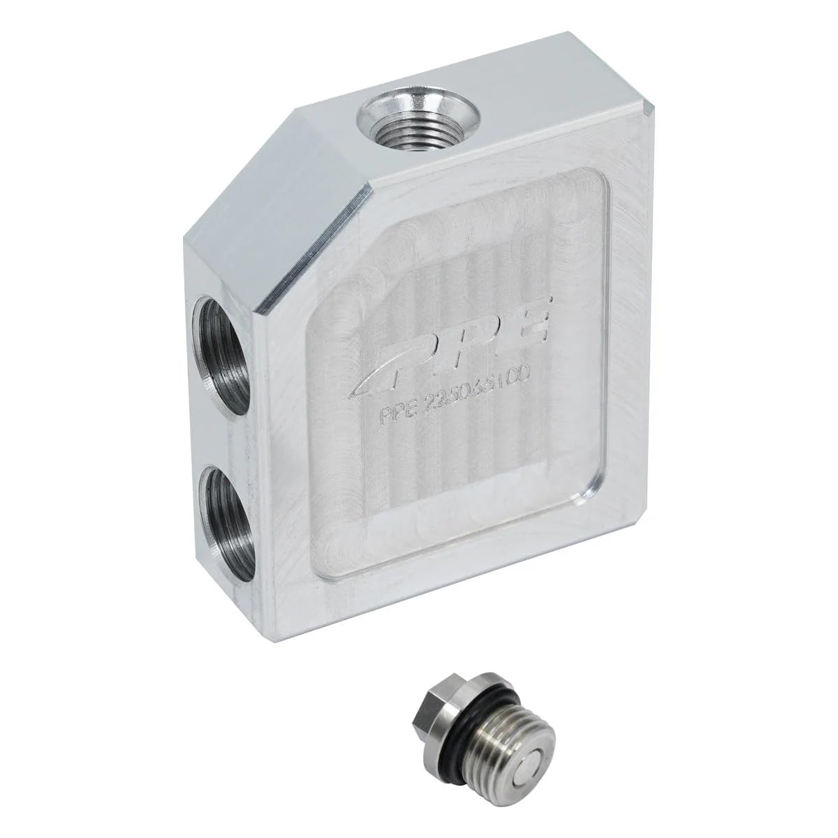 Pacific Performance Engineering bypass valve front view showing billet finish and ports, improves cooling