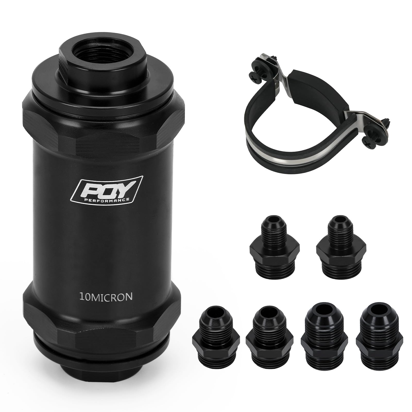 PQY inline fuel filter front view showing black anodized housing and neat finish for organized installs