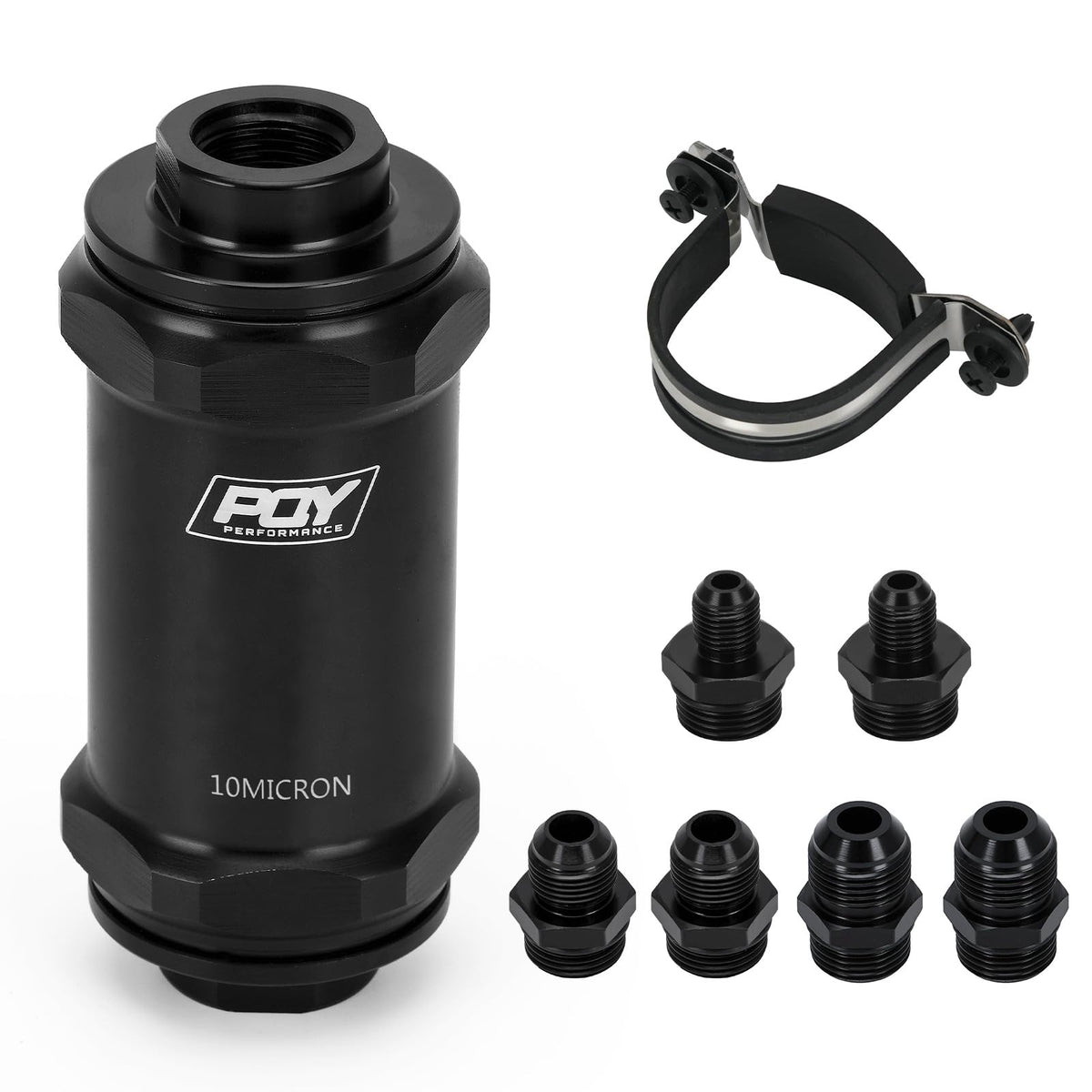 PQY inline fuel filter front view showing black anodized housing and neat finish for organized installs