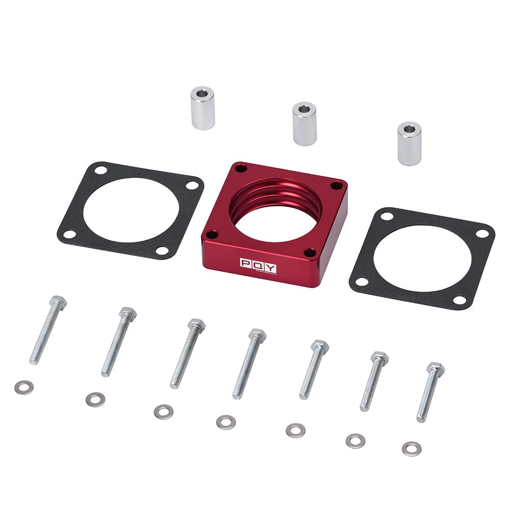 PQY throttle body spacer front view showing red finish and bolt holes for improved durability