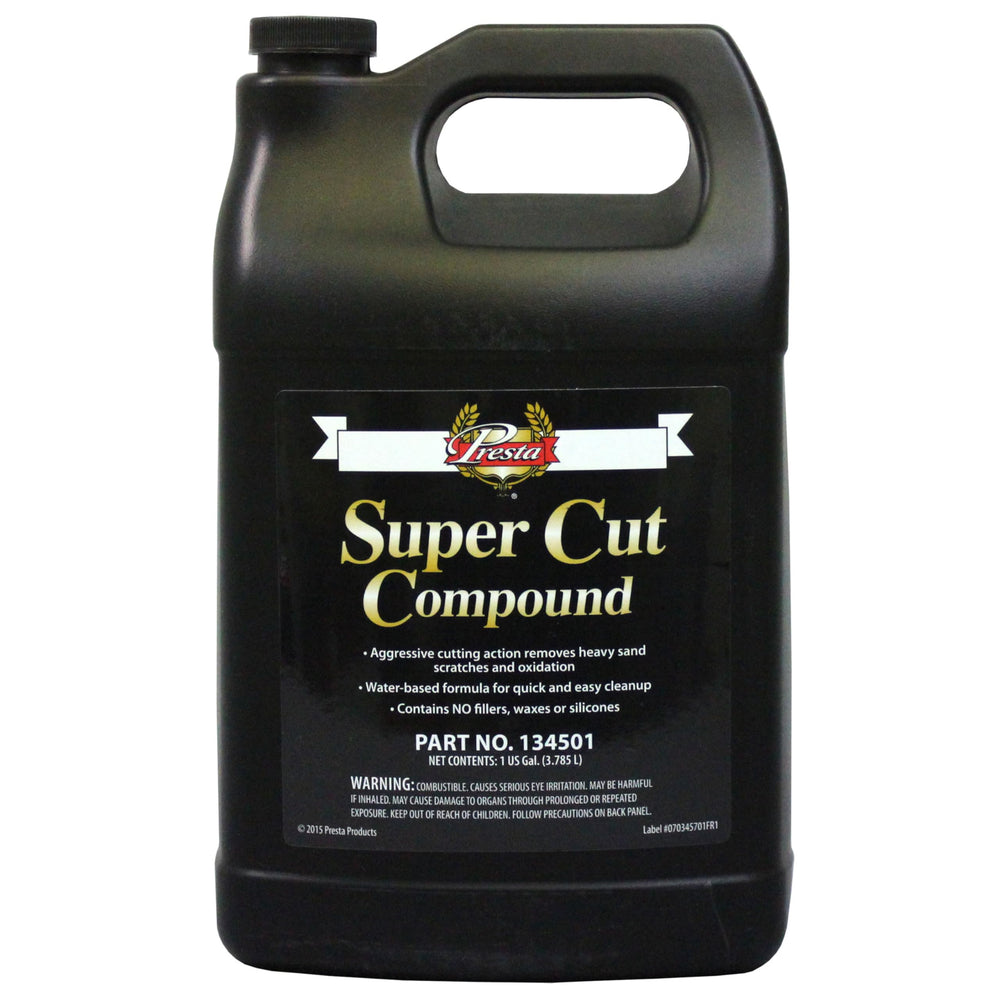 Presta Super Cut front label showing product and benefits for fiberglass