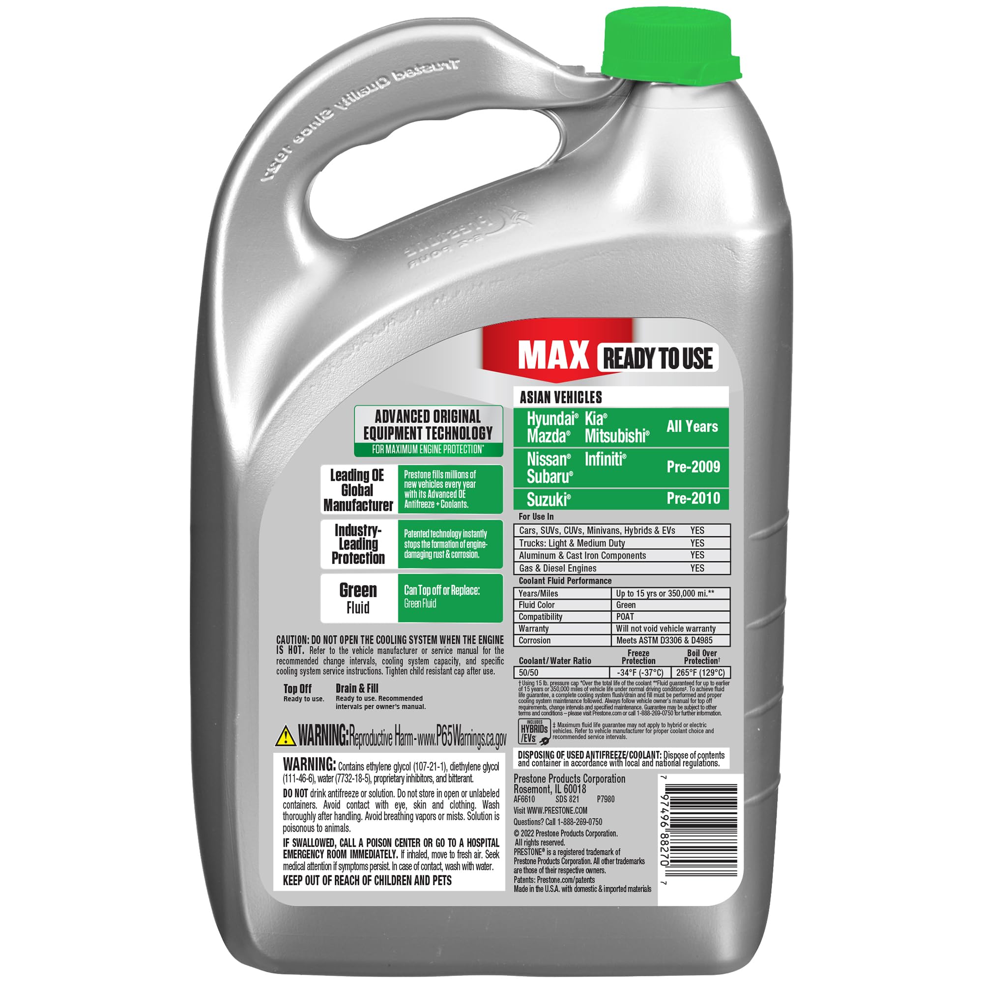 Close-up of Prestone MAX Asian Green bottle cap showing safe pour feature
