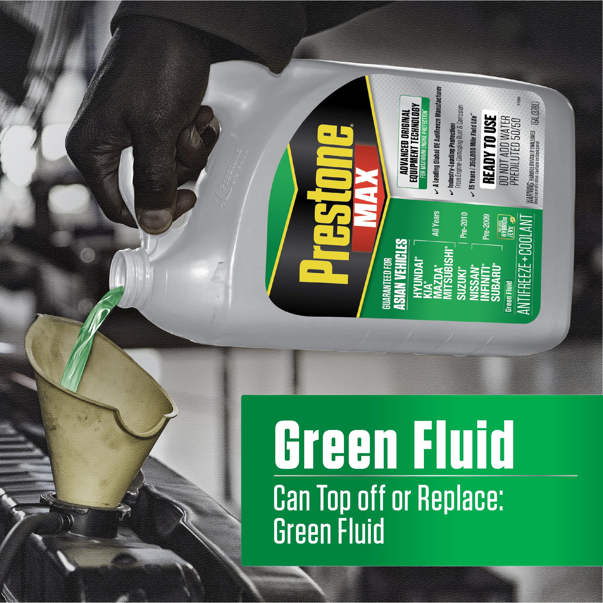 Prestone MAX Asian Green bottle on garage bench illustrating maintenance readiness