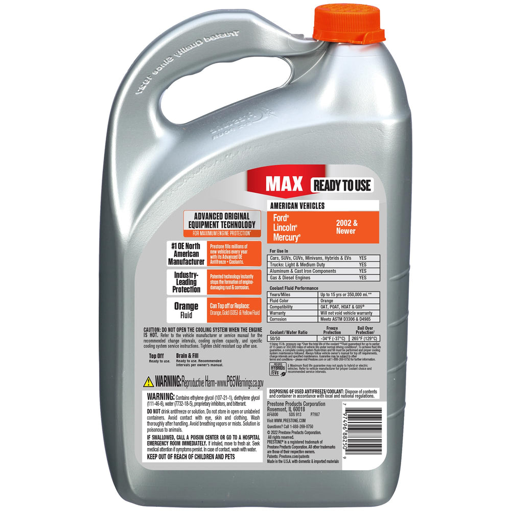 Prestone MAX Orange bottle label highlighting CorGuard technology and warnings