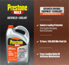 Prestone MAX Orange pouring into funnel demonstrating easy, no-mix use