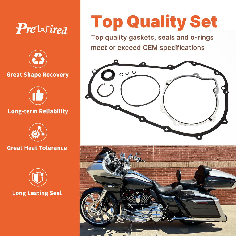 Prewired primary cover installed on Harley M8 demonstrating leak-free sealing after service