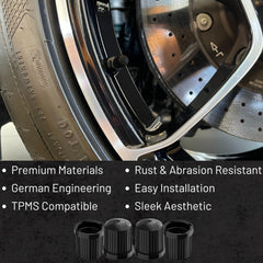 Prime Ave valve cap installed on alloy wheel showing secure TPMS-friendly seal