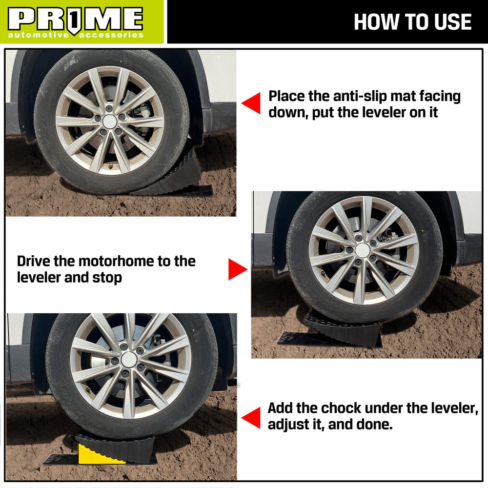 PR1ME curved ramp under RV tire demonstrating fast leveling benefit
