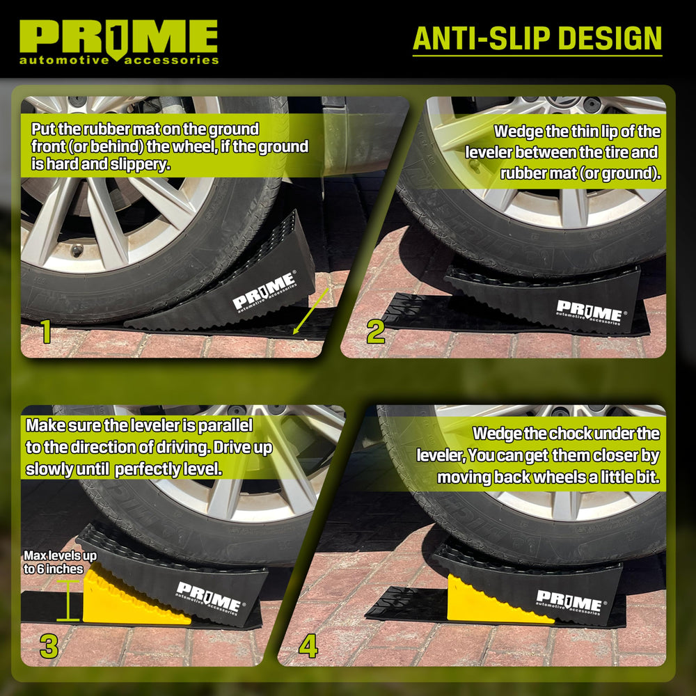 Prime 1 leveler in use under an RV tire improving stability on uneven ground