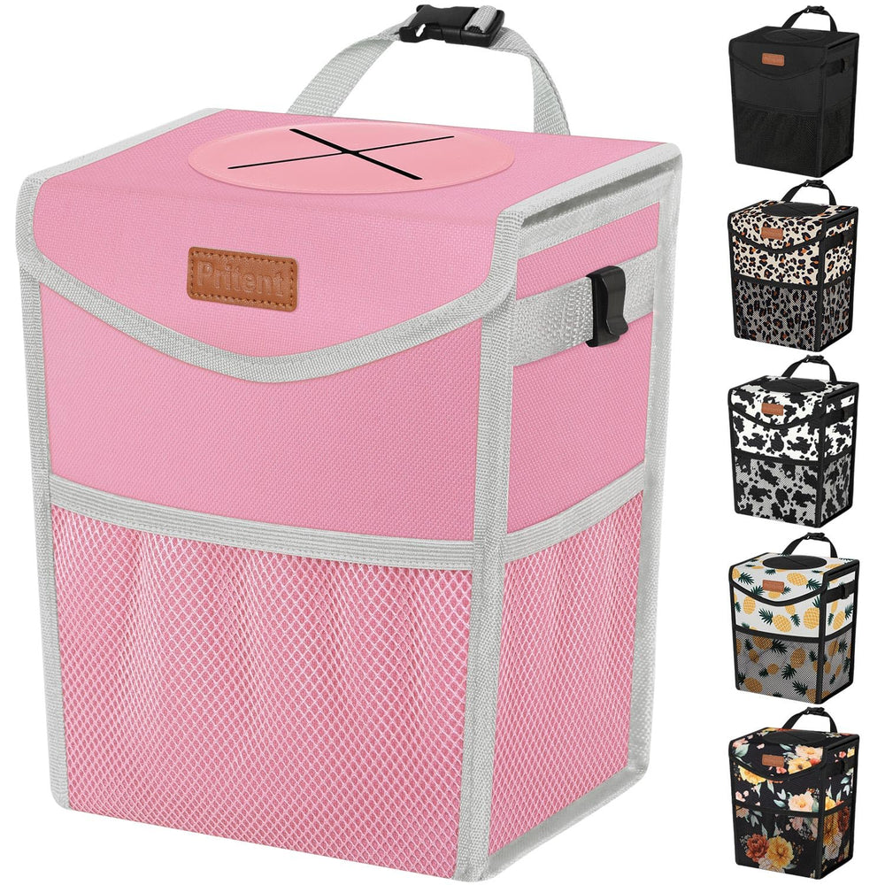 Pritent front view showing compact trash can and organized car benefit