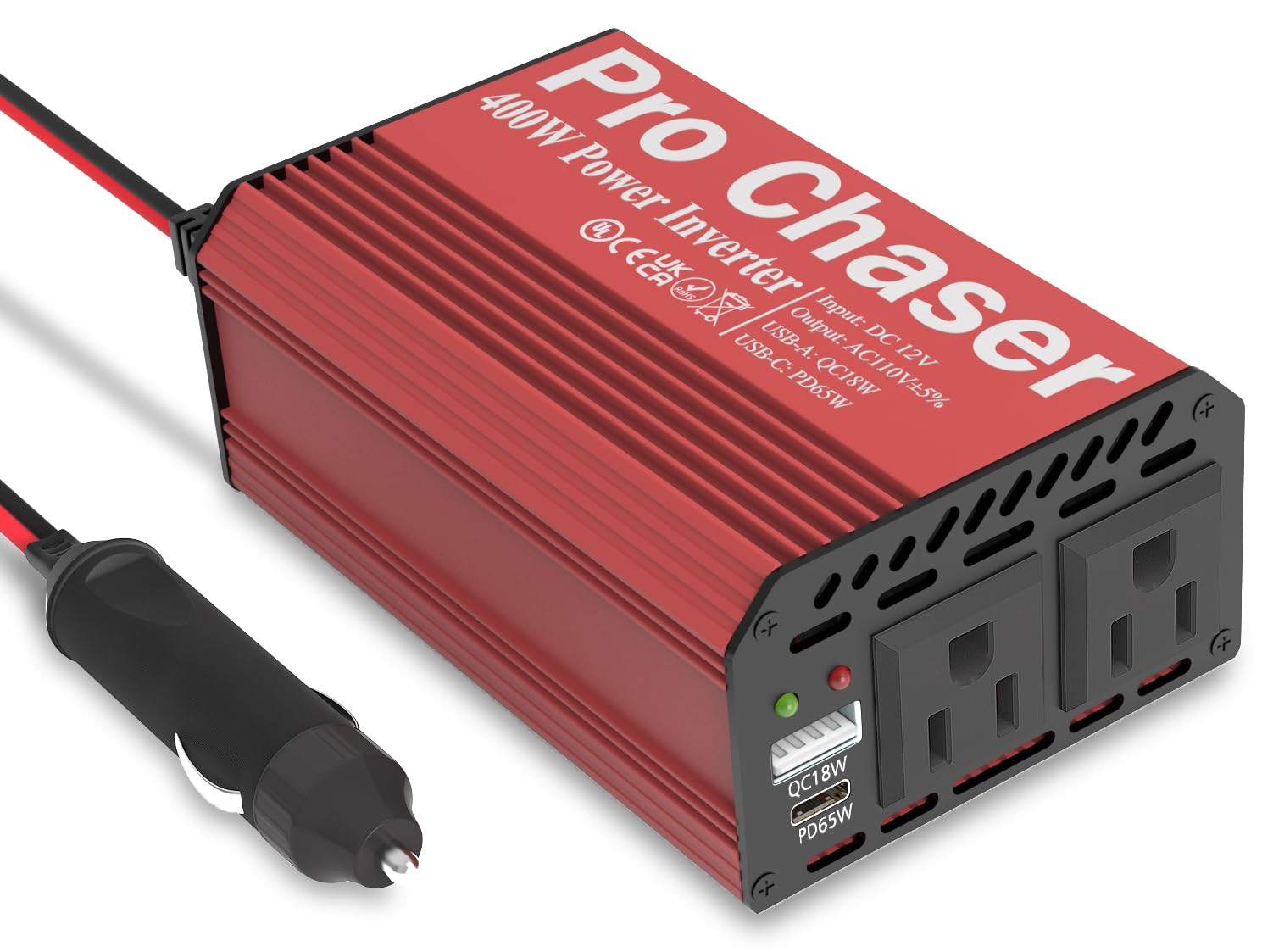 Pro Chaser inverter front view showing outlets and compact design for travel power