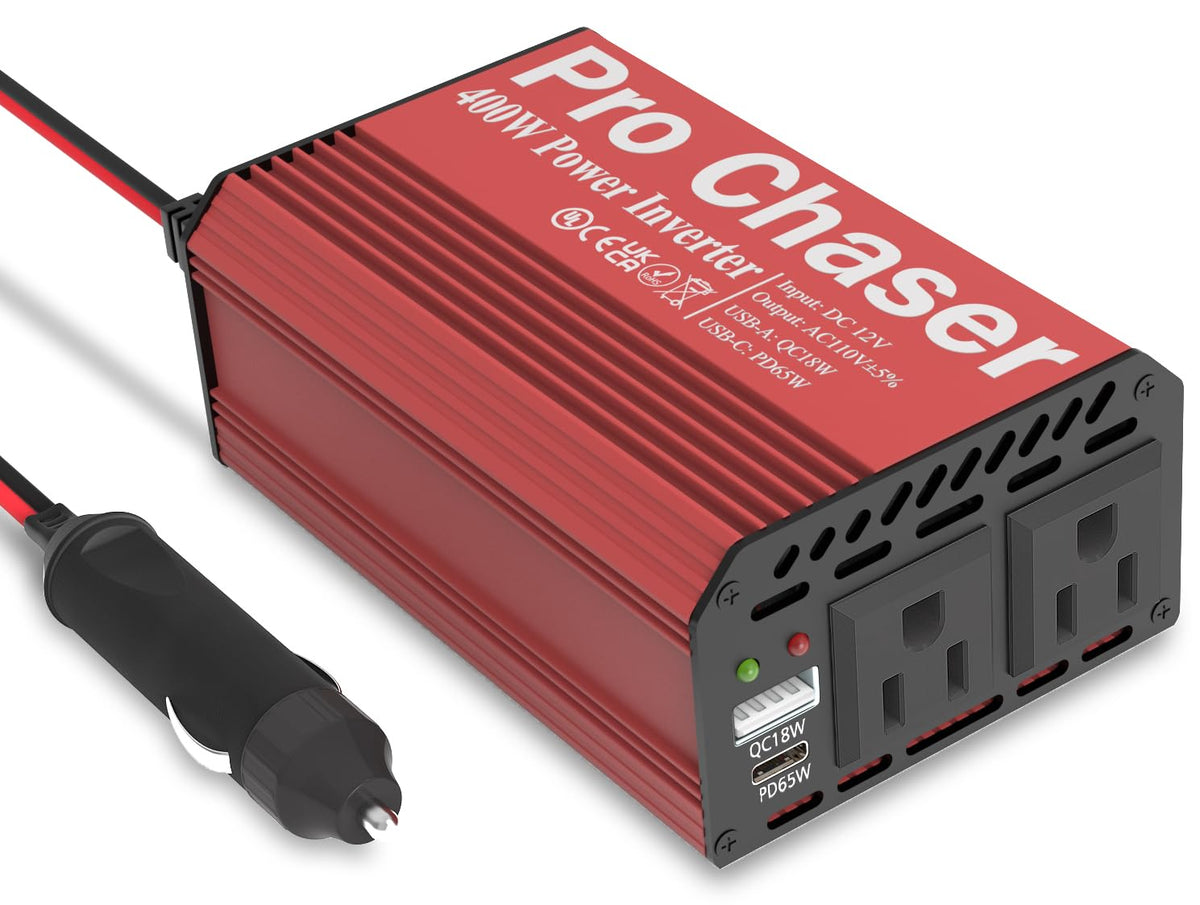 Pro Chaser inverter front view showing outlets and compact design for travel power