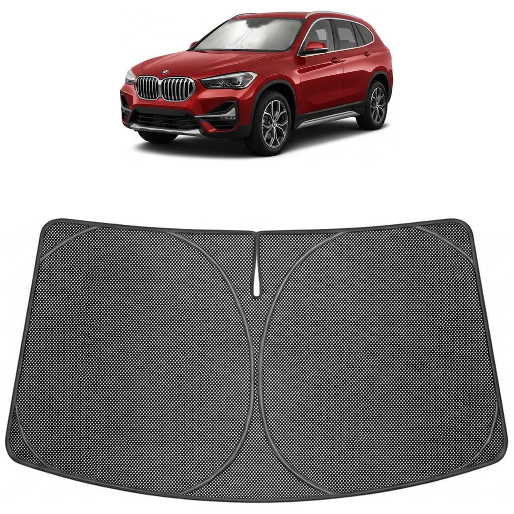 Proadsy sun shade installed in BMW X1 front windshield reduces glare and heat
