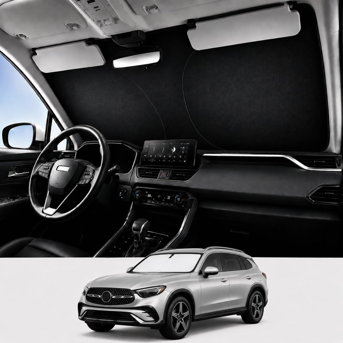 Proadsy front view on GLC windshield showing full coverage benefit