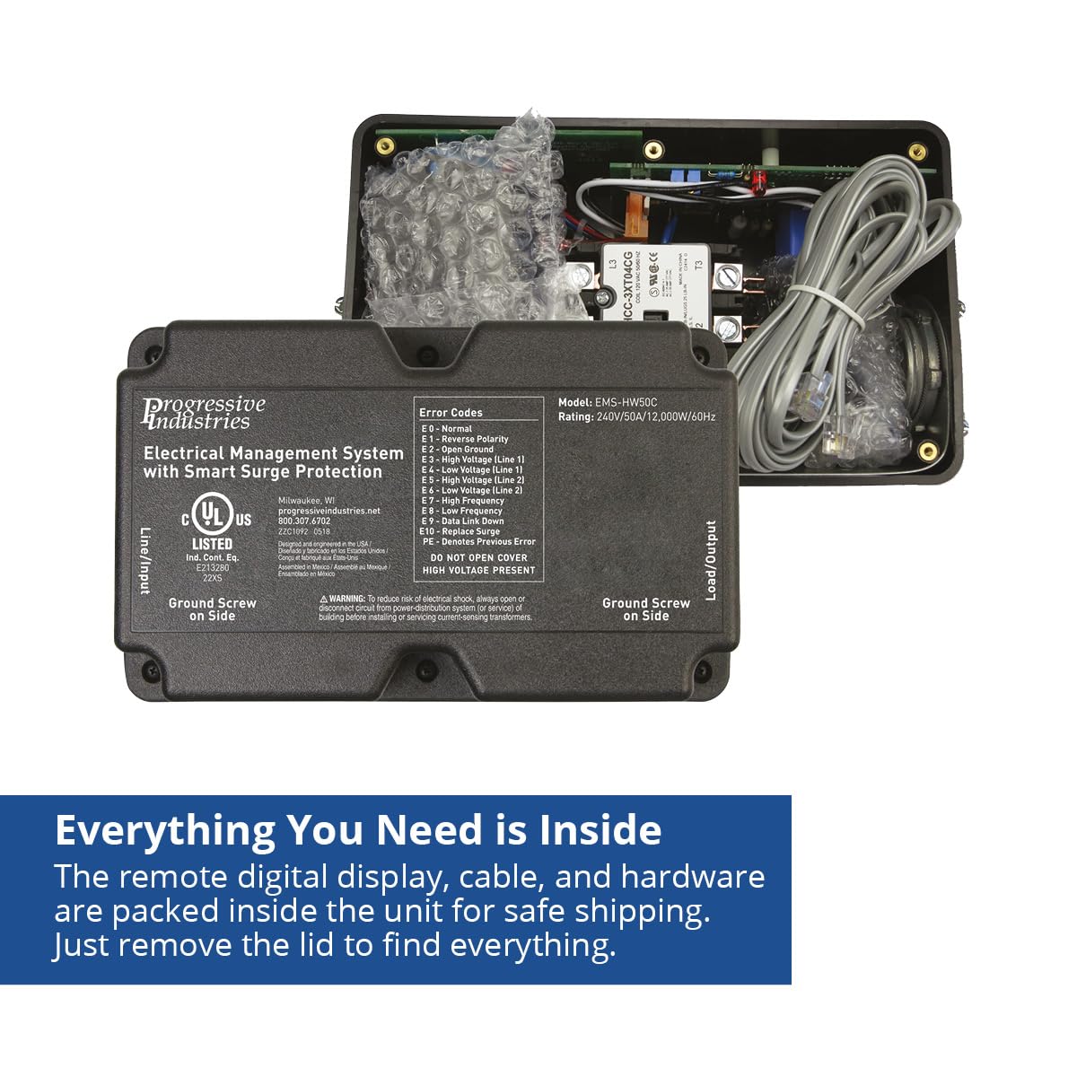 Progressive Industries EMS-HW50C size comparison with hand showing compact heavy-duty design