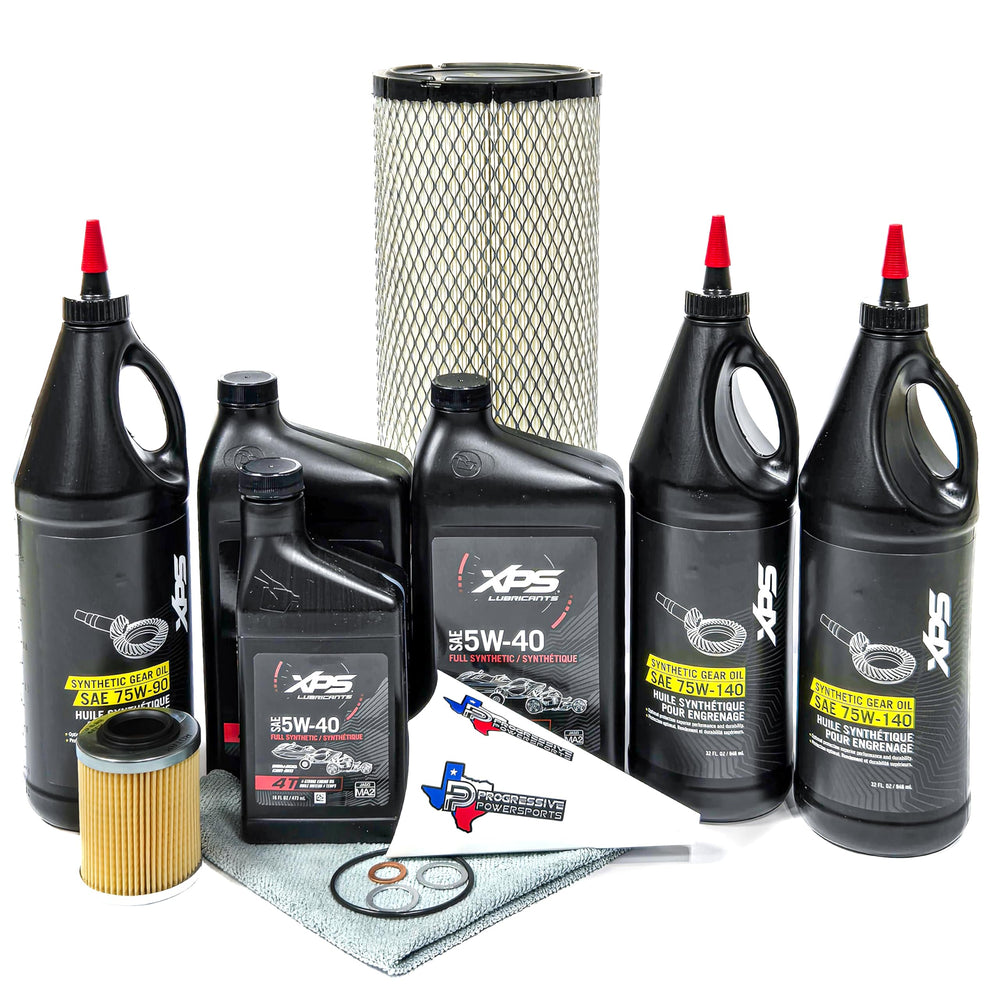 Progressive Powersports full service kit front view showing organized fluids and filters for quick maintenance