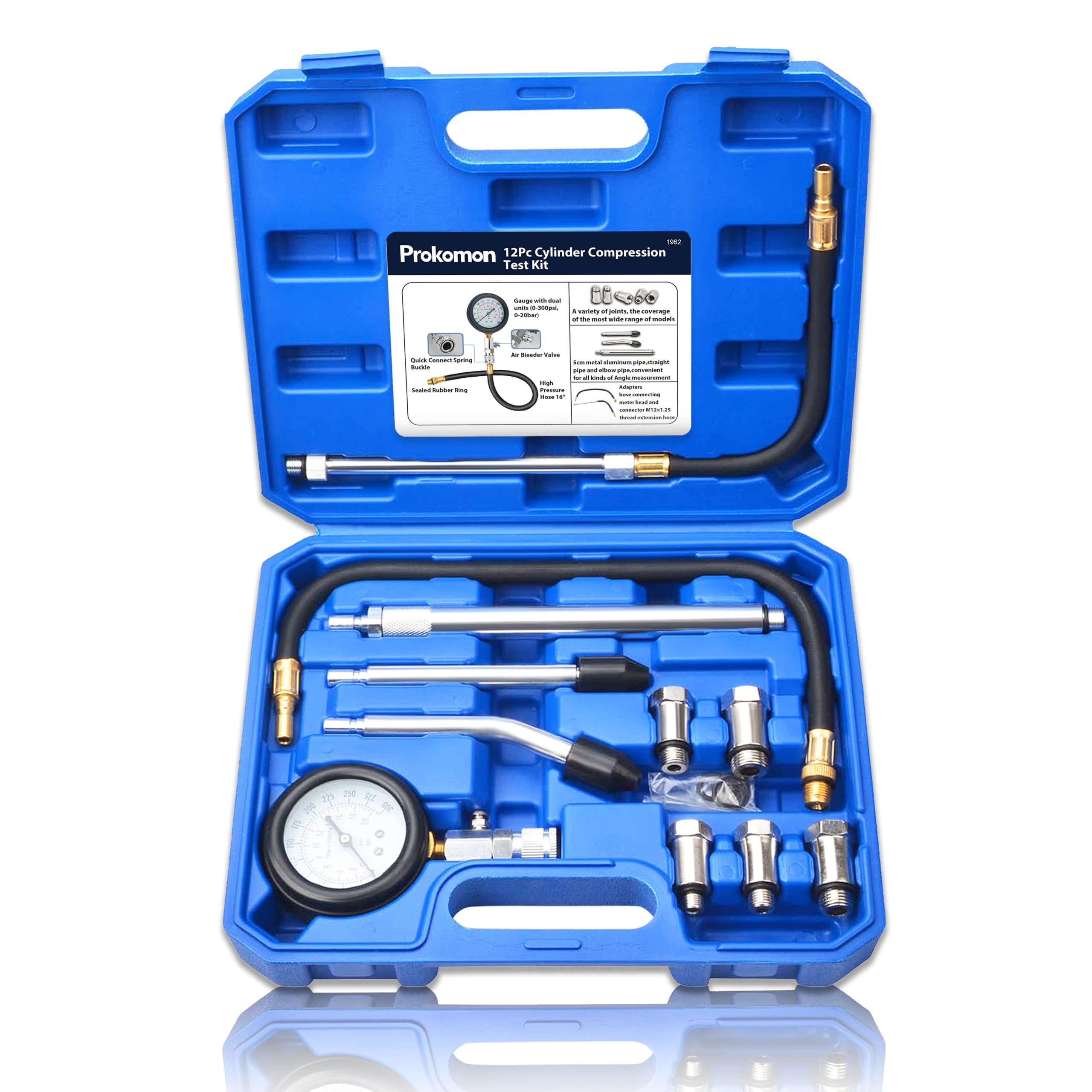 Prokomon compression tester front view showing gauge and boot for quick readings