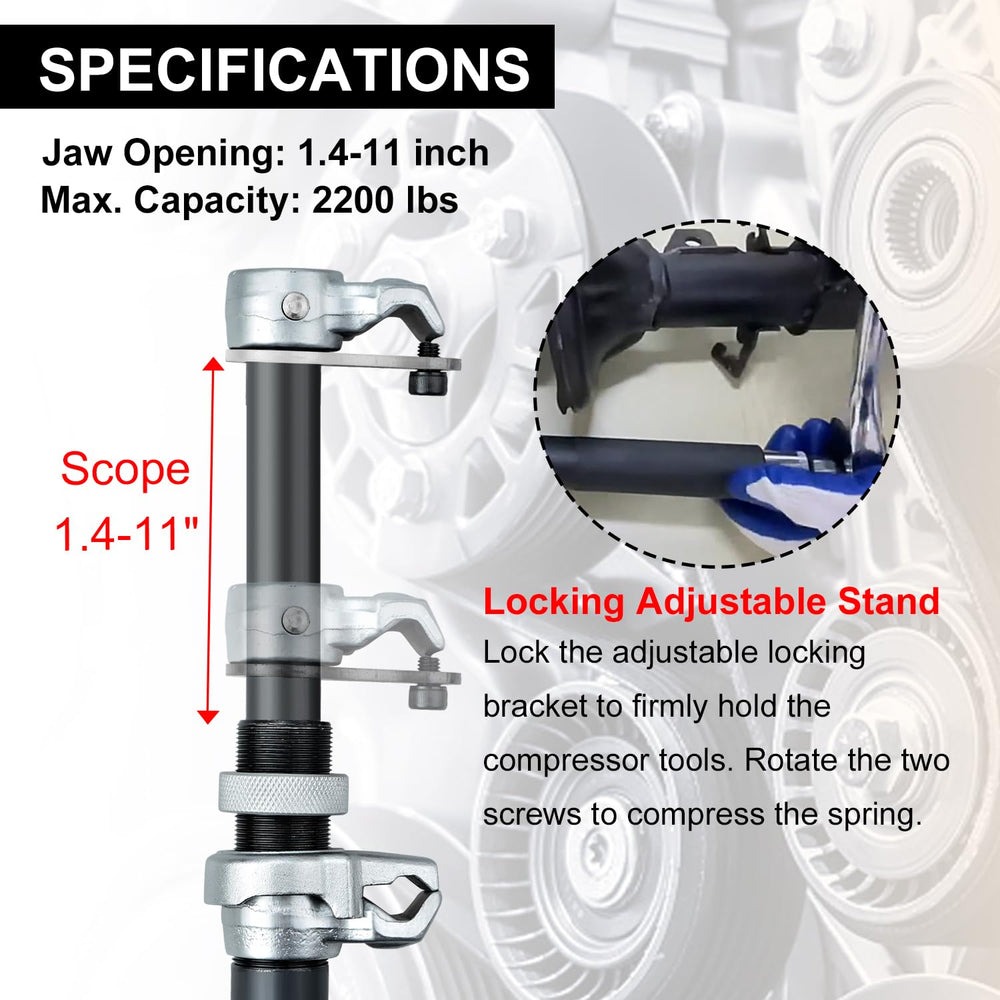 Prokomon compressor in use on vehicle strut for safer repairs
