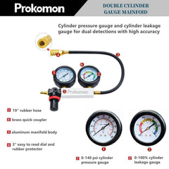 Prokomon dual gauges close-up showing psi and percent leak readings for clear measurement