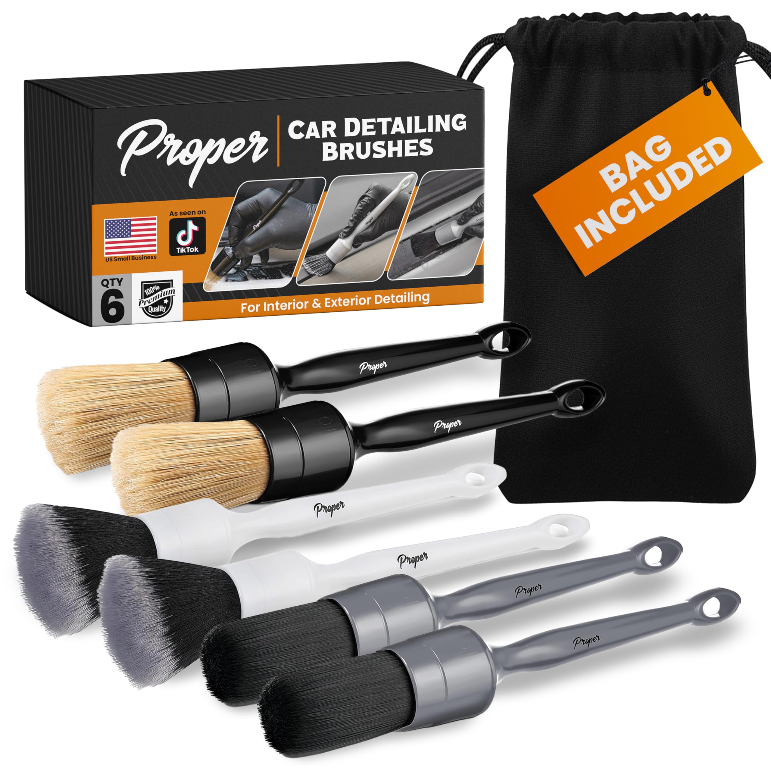 PROPER DETAILING CO. front view of six-piece brush kit showing variety and storage
