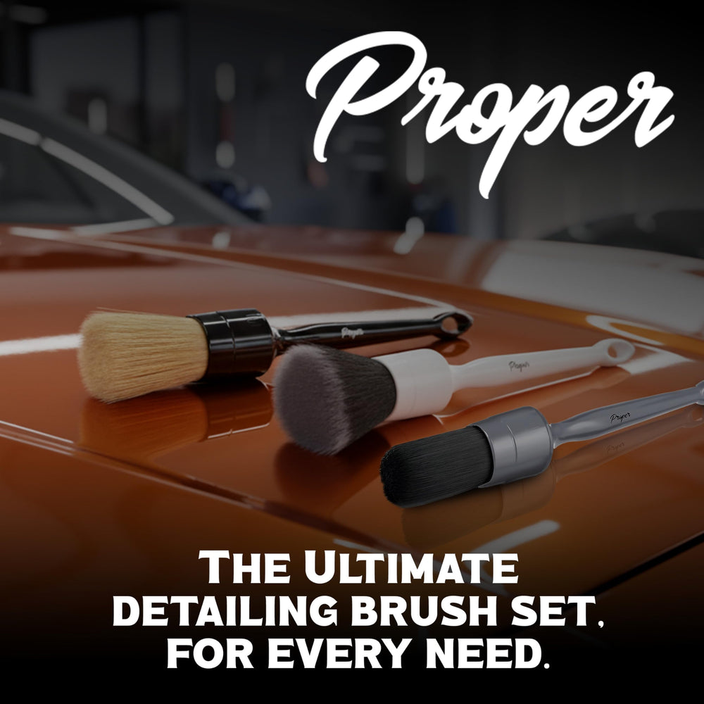 PROPER DETAILING CO. brushes next to a hand showing compact size and control