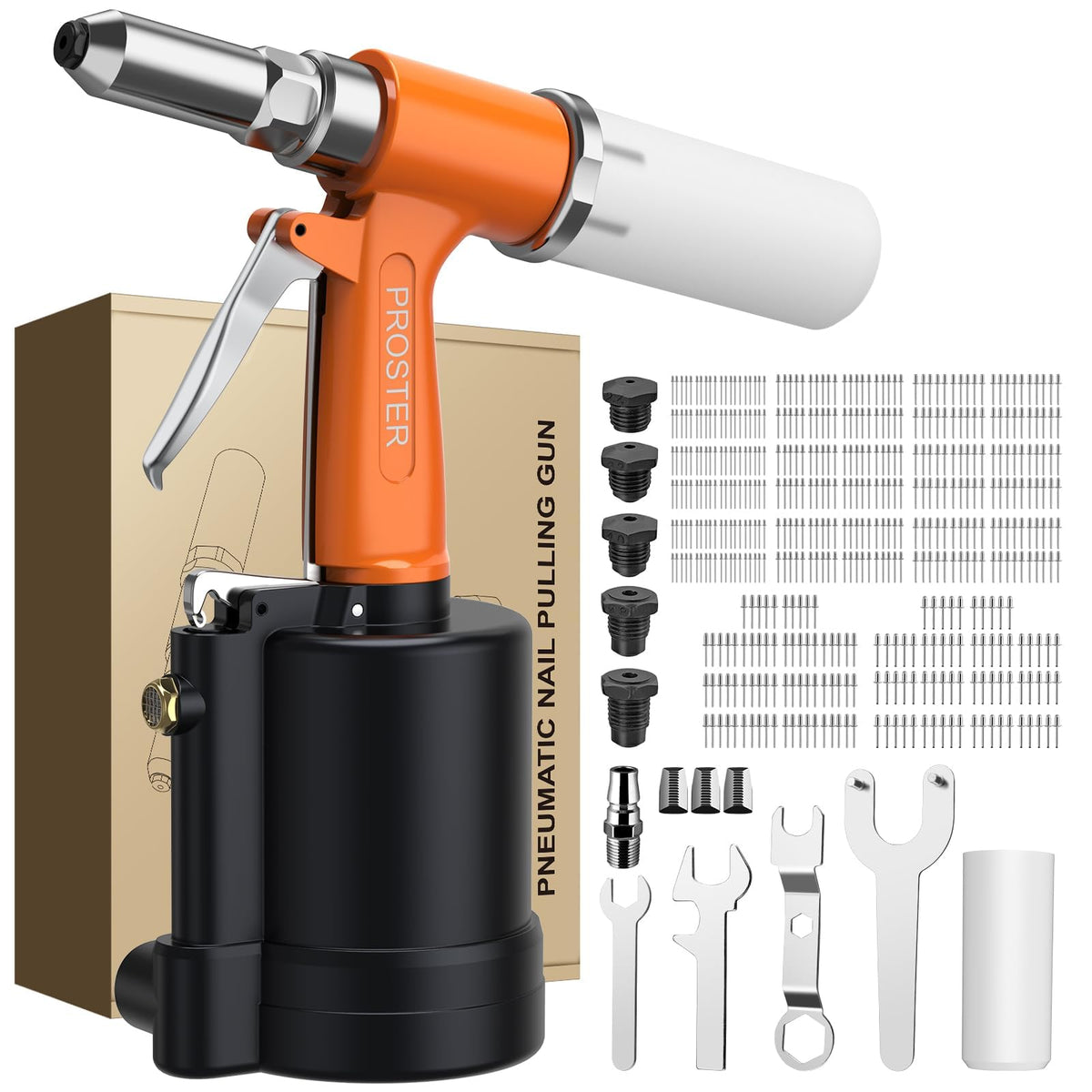 Proster front view of rivet gun kit showing tool and accessories for fast setup