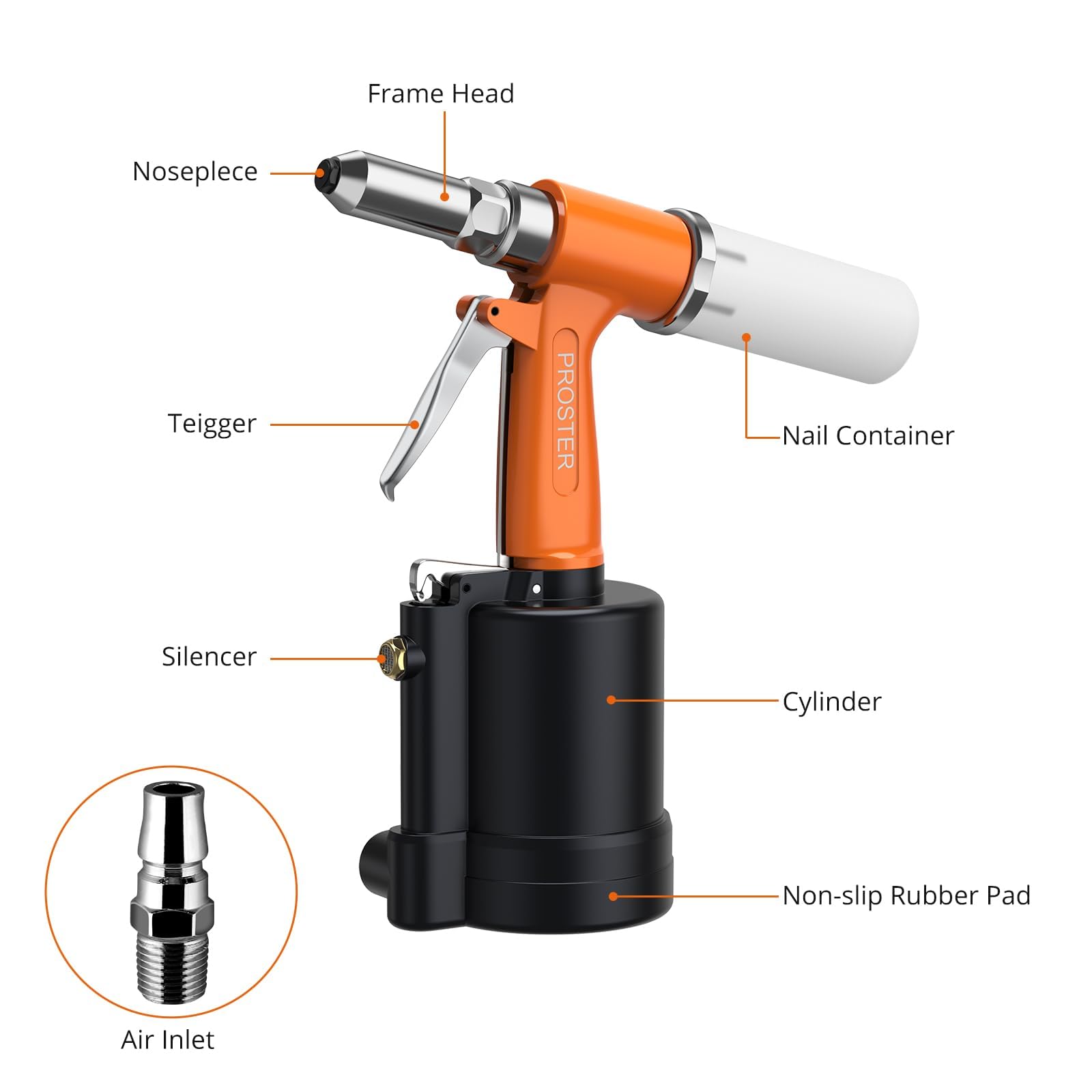 Proster rivet gun beside ruler showing compact scale for comfortable handling