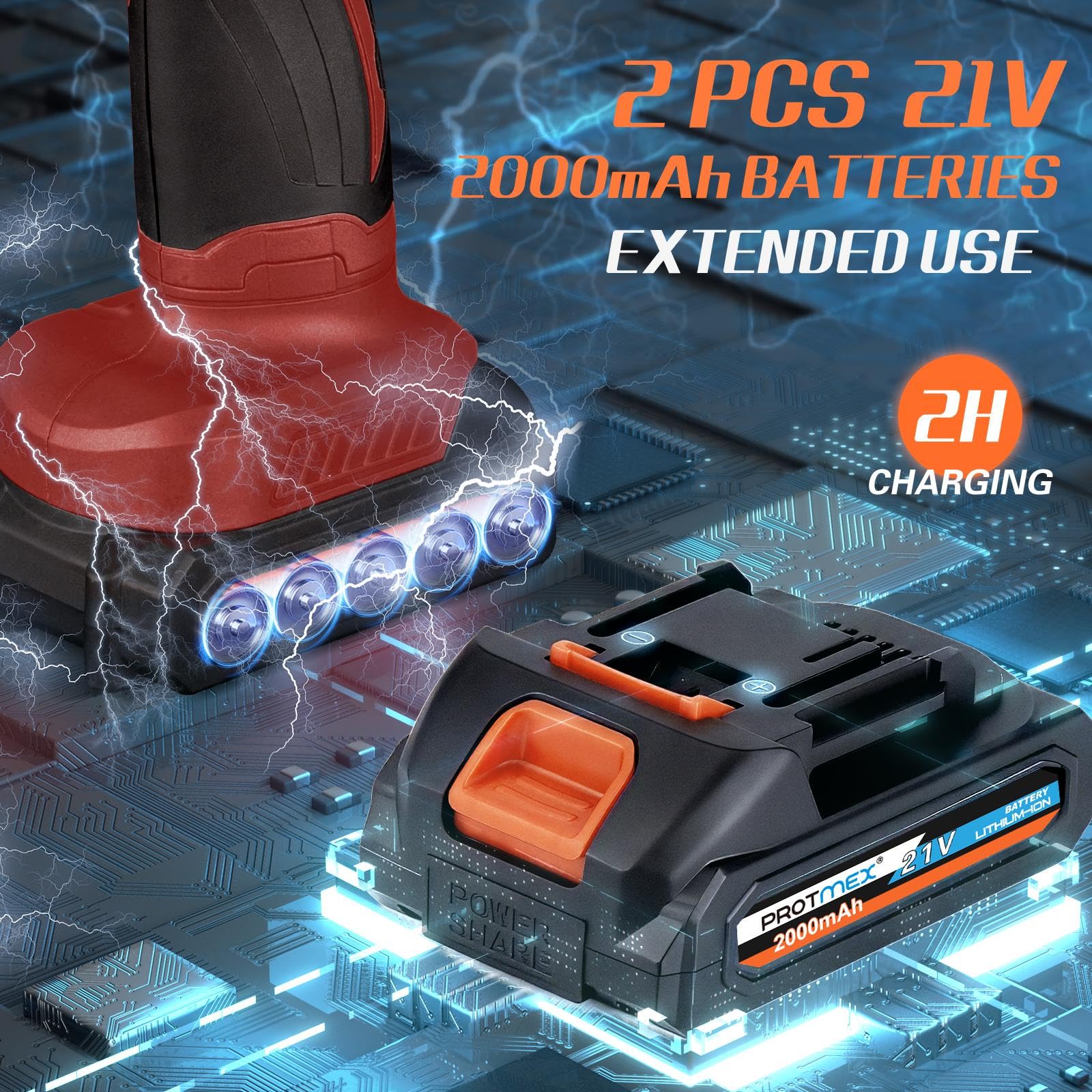 Protmex cordless polisher with 21V battery installed demonstrating quick swap benefit