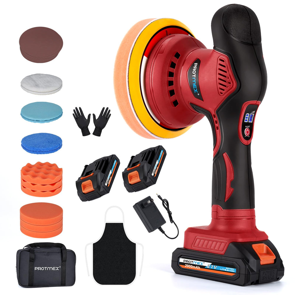 Protmex front view of red cordless polisher showing ergonomic grip and controls