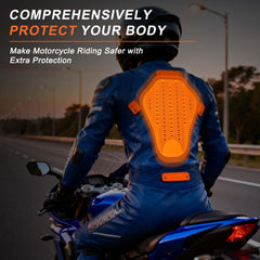 PSLER protector inserted into a motorcycle jacket demonstrating easy fit and safety benefit