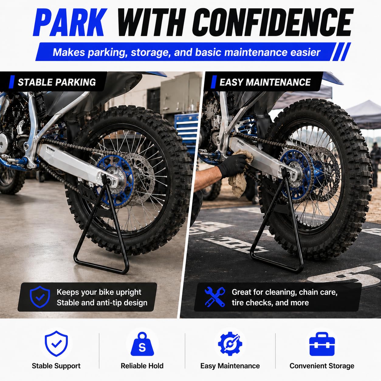 PSLER mounted on a dirt bike demonstrating secure parking on trail