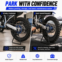 PSLER mounted on a dirt bike demonstrating secure parking on trail