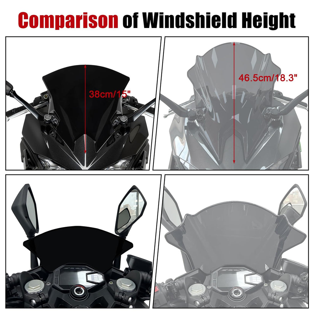 PSLER windscreen on a moving Ninja 500 illustrating reduced windblast and comfort