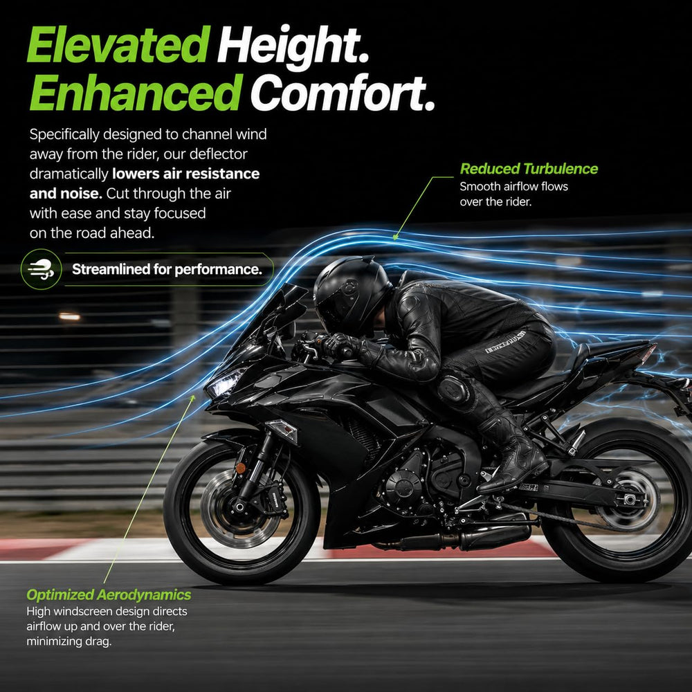 PSLER windscreen mounted on Ninja 650 ER6F demonstrating wind protection