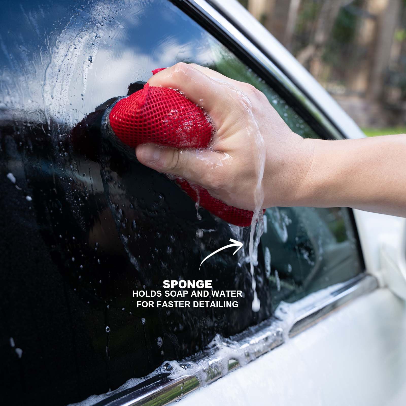 PUMBAA HOME sponge in use on car panel demonstrating gentle decontamination