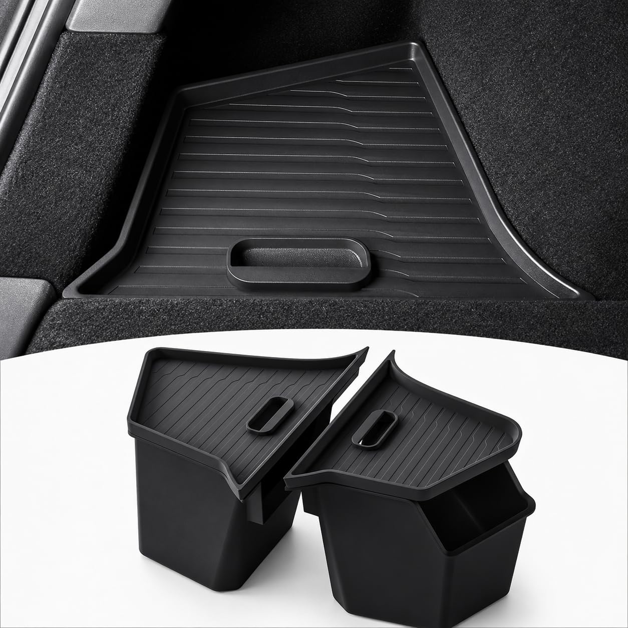 PUOENI front view of rear trunk bins showing neat cargo organization and OEM fit