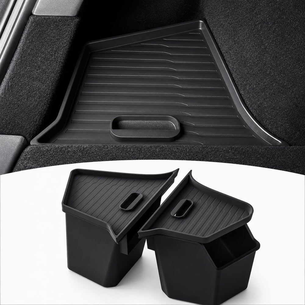 PUOENI front view of rear trunk bins showing neat cargo organization and OEM fit