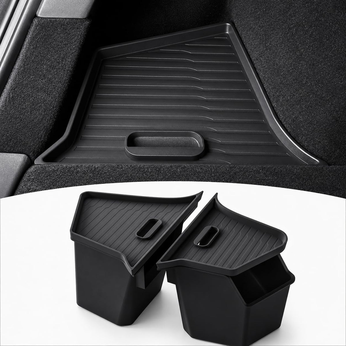 PUOENI front view of rear trunk bins showing neat cargo organization and OEM fit