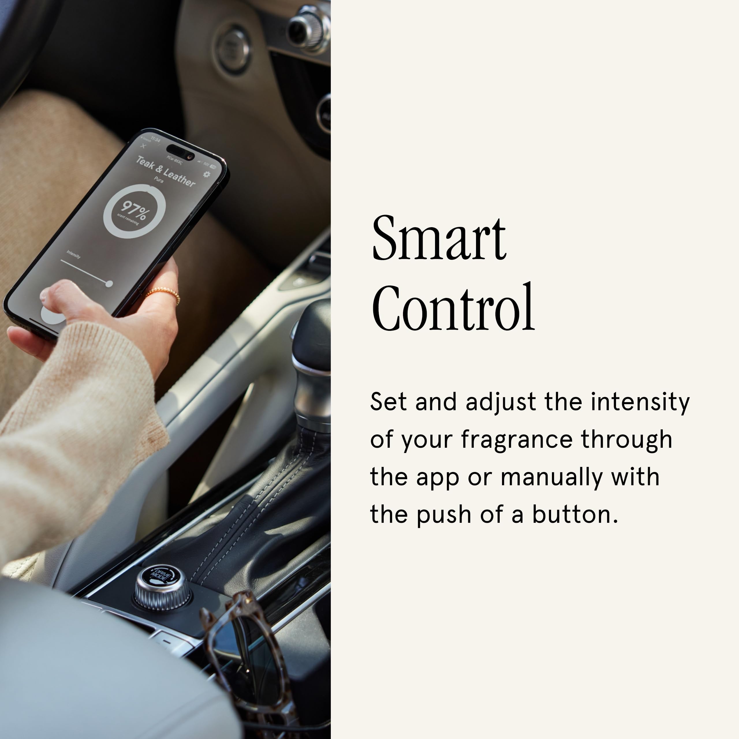 Interior shot of Pura scent diffusing while driving for a pleasant commute